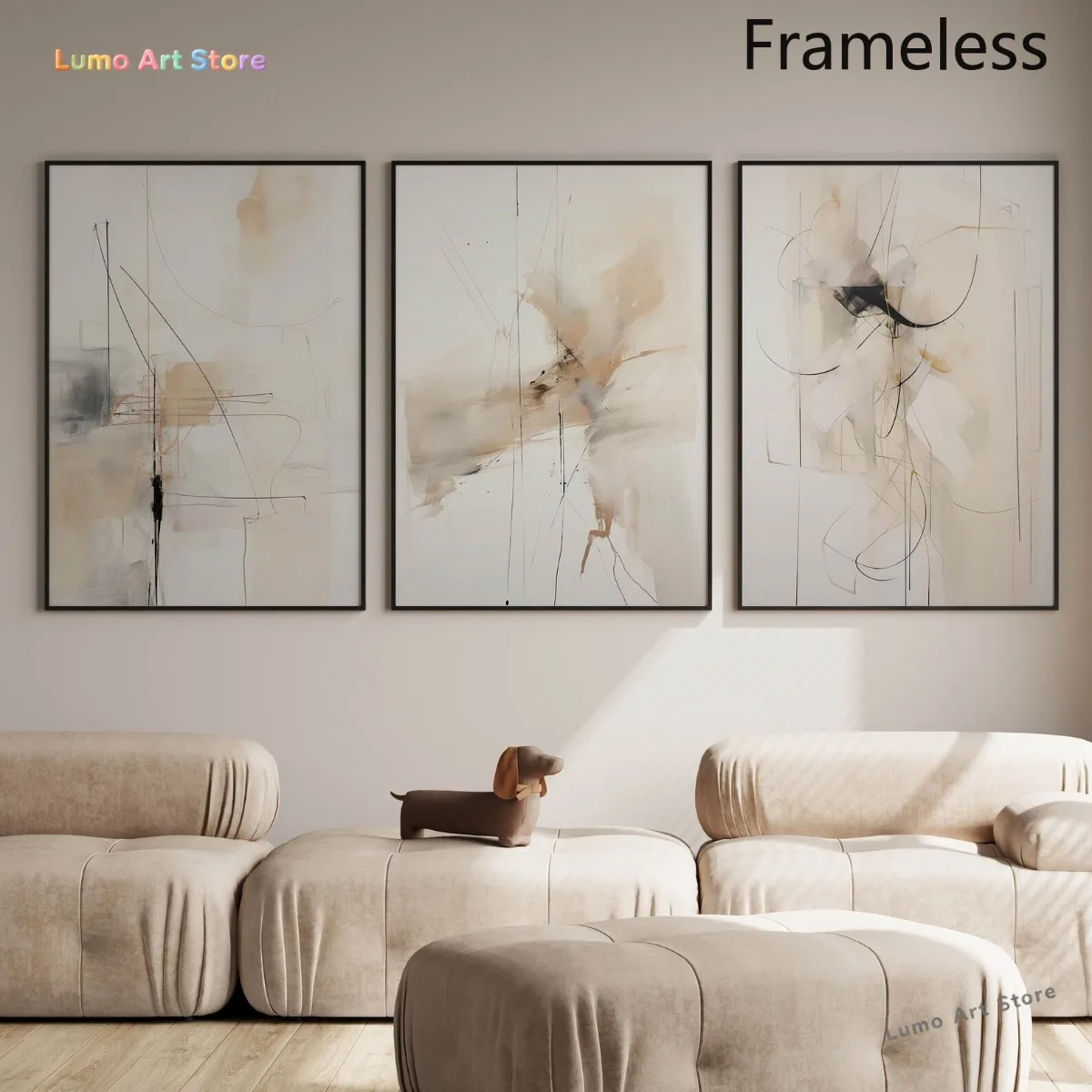 2D Flat, 3pcs Neutral Abstract Wall Art Prints, Set of 3, Line Art Painting, Beige, Apartment Decor, Earth Tone Bedroom Wall