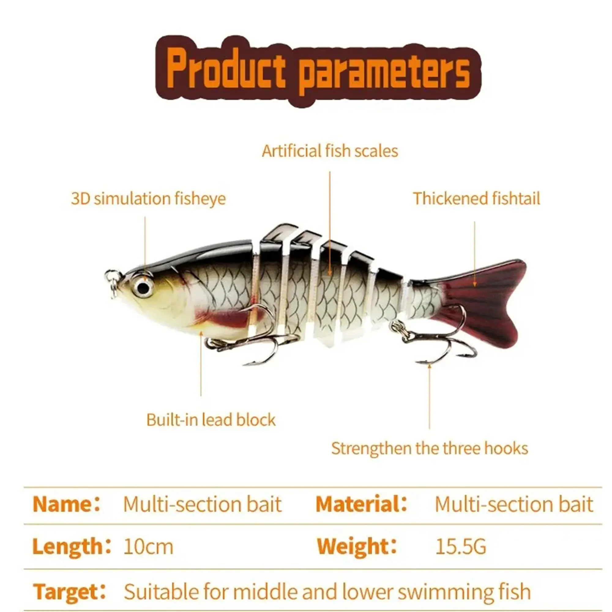 Phishger 1pc Esca per la pesca in mare Swimbait Lure Mino Lure 10cm 15.5g Multi Color Diving Simulazione 7 sezioni Esca multi-sezione