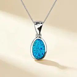 October Birthstone Pendant Necklace, Blue Opal in White K Plated Chain,Iridescent Oval Gemstone Jewelry,Dainty Gifts for Women