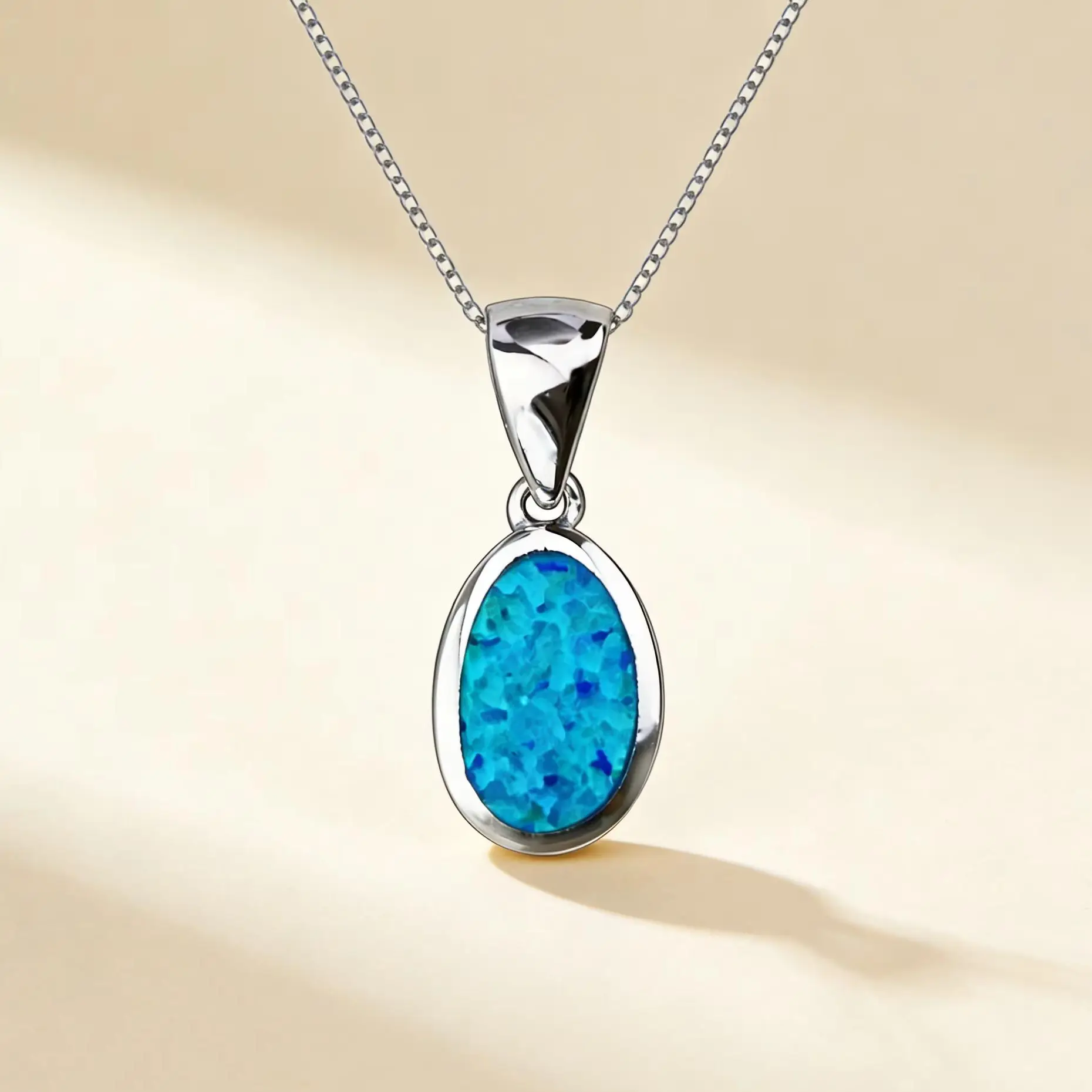 October Birthstone Pendant Necklace, Blue Opal in White K Plated Chain,Iridescent Oval Gemstone Jewelry,Dainty Gifts for Women