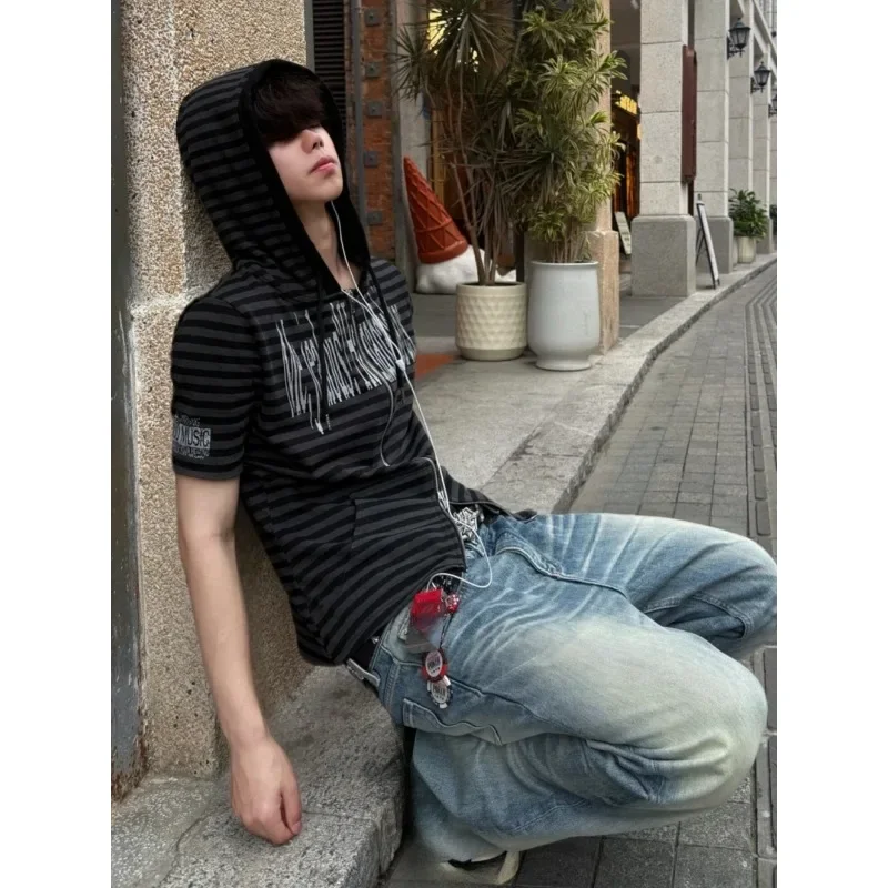 Y2k Subcultural Hooded Short Sleeved Cardigan Fashion Slim Fit Striped Shoulder T-shirt Ancient Millennium Style Top Ropa Mujer