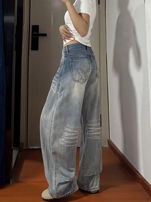 

High Waist Oversized American Style Pocket Scythe Jeans Embroidered Denim Pants Women's Straight Leg Loose Wide Leg Jeans