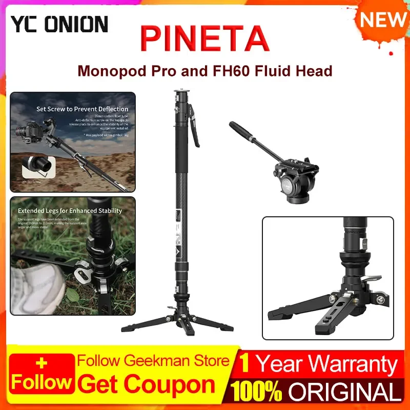 YC ONION PINETA Monopod Pro Carbon Fiber Monopod with Pedal Base and FH60 Fluid Head Professional Tripod