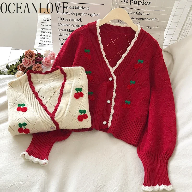 OCEANLOVE Embroidered Cardigans Knit Wear Sweet Puff Sleeve Short Mujer Chaqueta Autum Winter V Neck Cherry Sweaters Women 18958