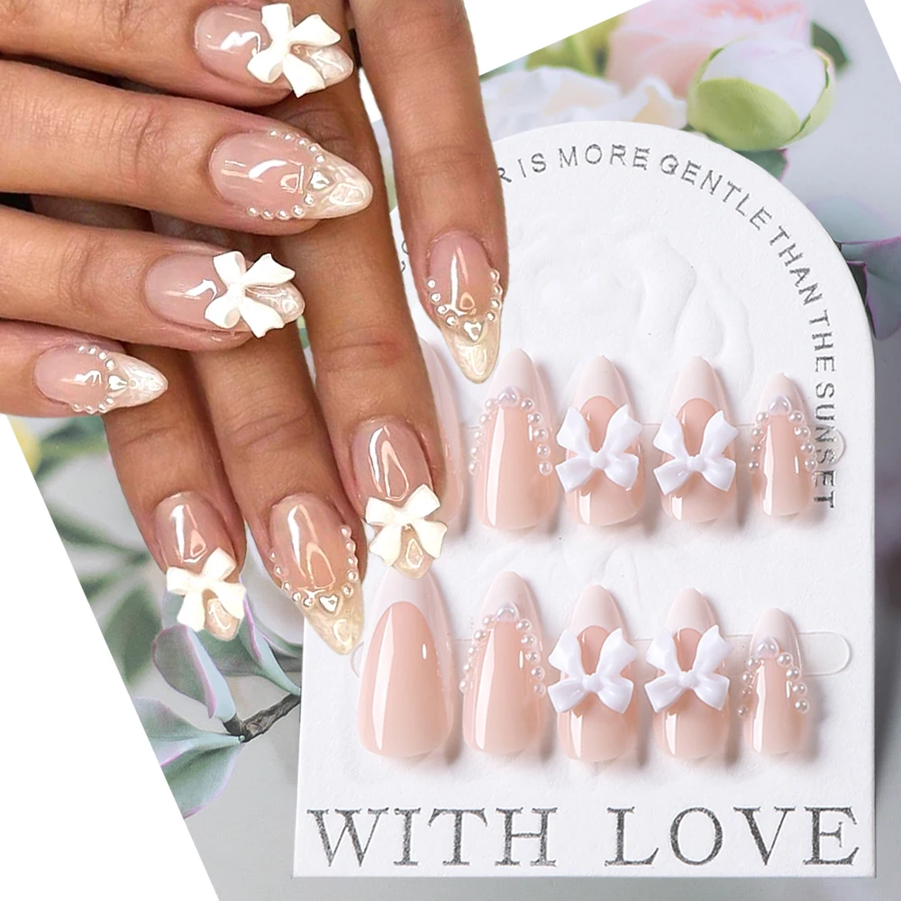 24PCS Medium White Pearl Press On Nails Almond/Stiletto Pink Bowknot Fingertip French Cute Fake Nails Full Cover Fake Nail Set