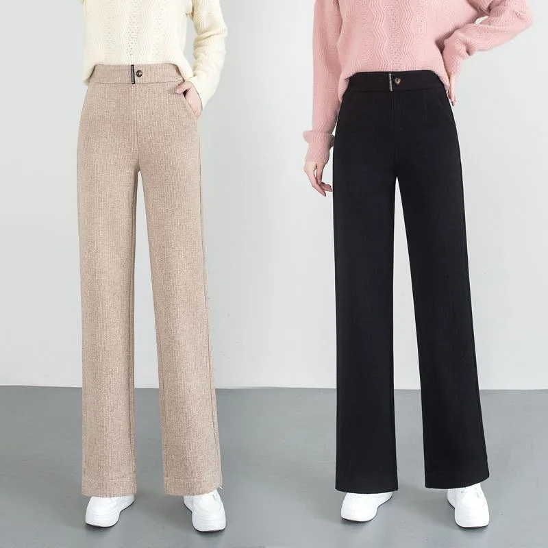 Women Thicken Loose Wide Leg Pants Winter Warn Elastic High Waist Velvet Lined Straight Pantalones Korean Casual Snow Wear Calca