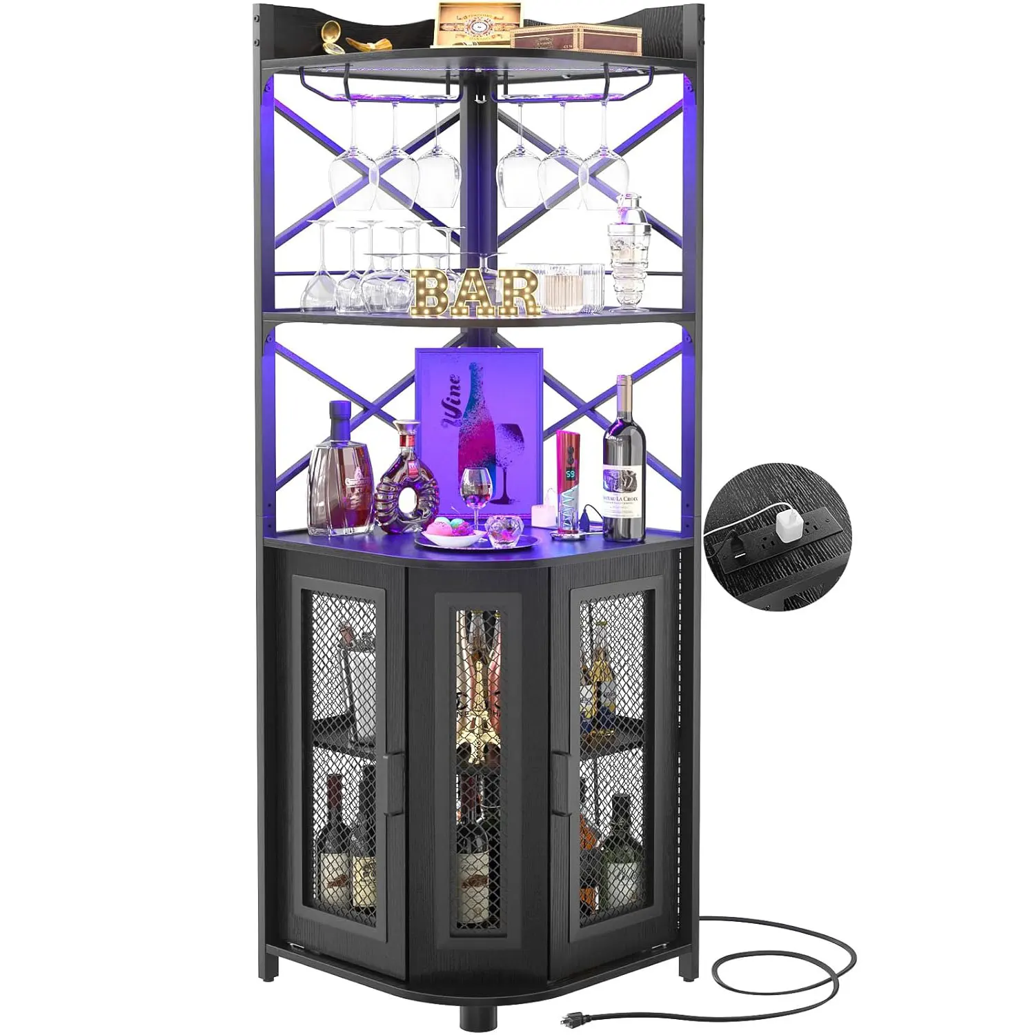 Aheaplus Corner Bar Cabinet with Power Outlet & LED Lights, 5-Tier Industrial Wine Cabinet Mini Bar Unit with Glass Holder, Corner Display Storage Cabinet for Small Space, Living Room, Kitchen