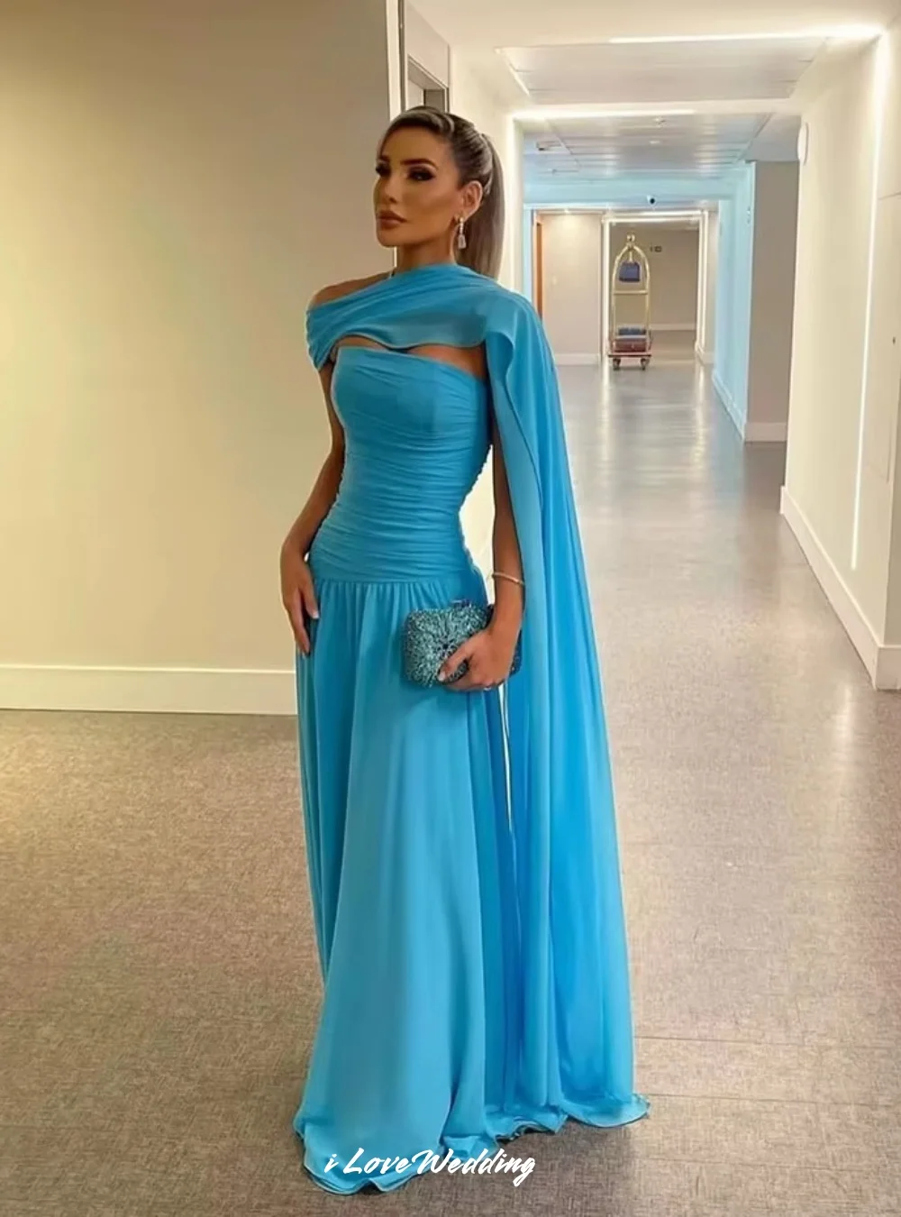 Elegancka niebieska suknia wieczorowa bez ramiączek 2025 szyfonowa zakładka bez rękawów linia A niski stan długość do podłogi suknia dla gościa weselnego dostosowana