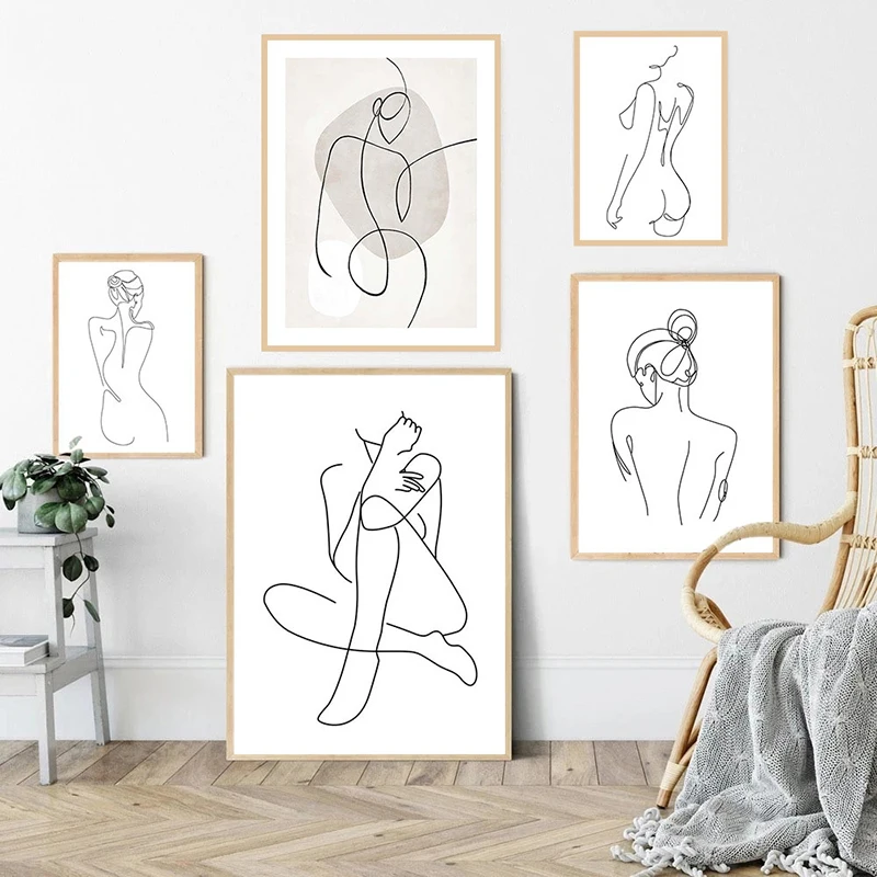 Sexy Female Body Art Print Naked Nude Canvas Poster Line Drawing Prints Abstract Woman Wall Art Painting Pictures Bedroom Dec