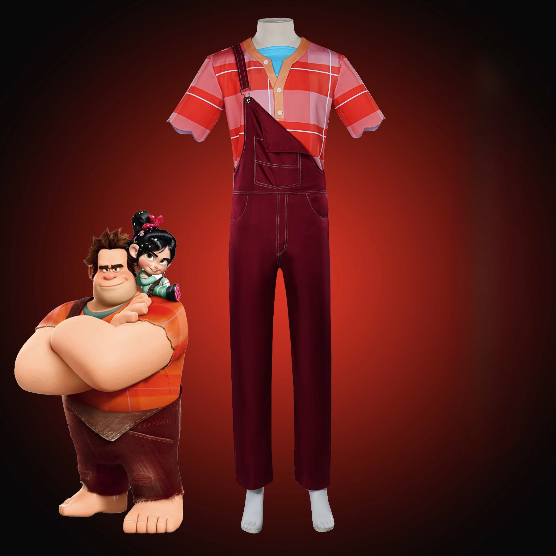 Anime Wreck It Ralph Cosplay Costume T-shirt Top and Overalls Set Men Women Kids Halloween Masquerade Carnival Party Costume