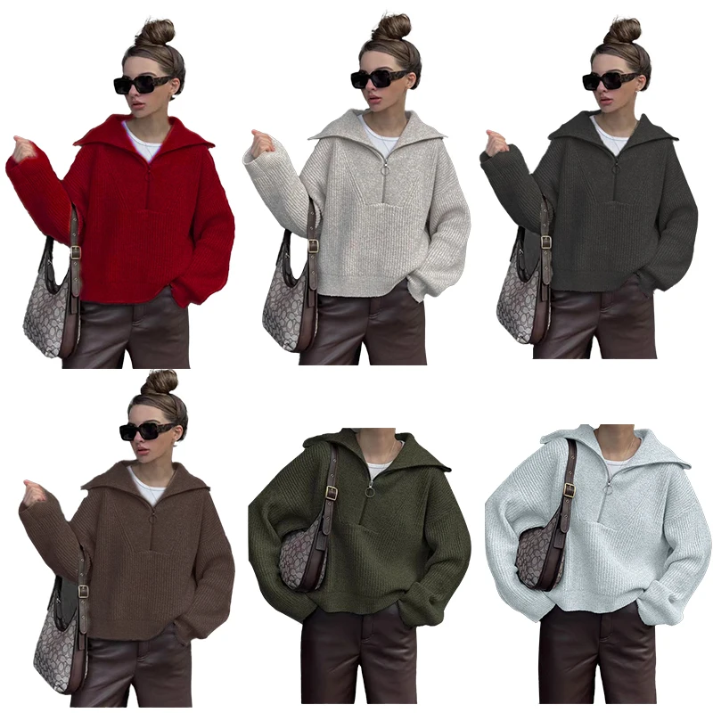 Autumn and Winter Fashion Collar Polyester+Pandex Long Sleeve Pullover Dark Color Women's V-neck Long sleeve T-shirt with Zipper