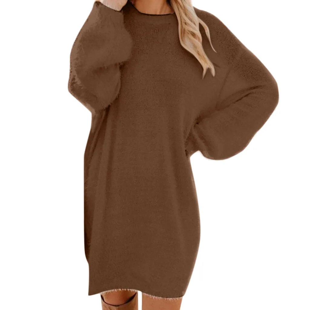 Plush Turtleneck Warm Mini Dress Women Winter Knit Pocket Fleece Solid Long Sleeve Sweater Ladies Dresses Female Vestidos