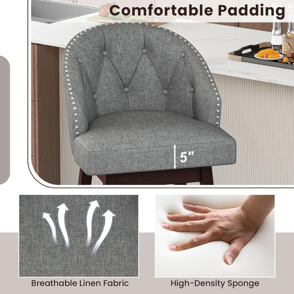 مجموعة مقاعد بار COSTWAY مكونة من 2، مقاعد بار دوارة مقاس 31 بوصة مع أرجل خشبية مطاطية وظهر مبطن، قماش كتان مسامي، معنقدة أنيقة