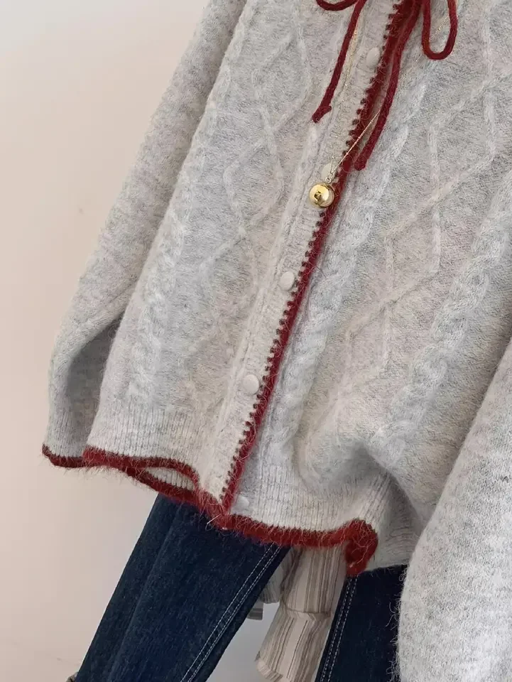 Lente Herfst Nieuwe Grijze Strik Gebreide Trui Dames Contrast Koreaanse Korte Jas Ronde Hals Elegante Single-breasted Vest Top