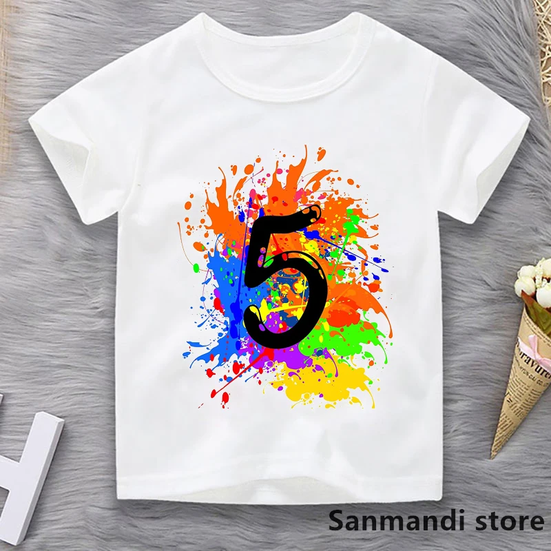 New 4-9th Birthday Splash Rainbow Graphic Print T-Shirt Girls/Boys Children'S Clothing Tshirt Kawaii Kids Clothes Summer Tops