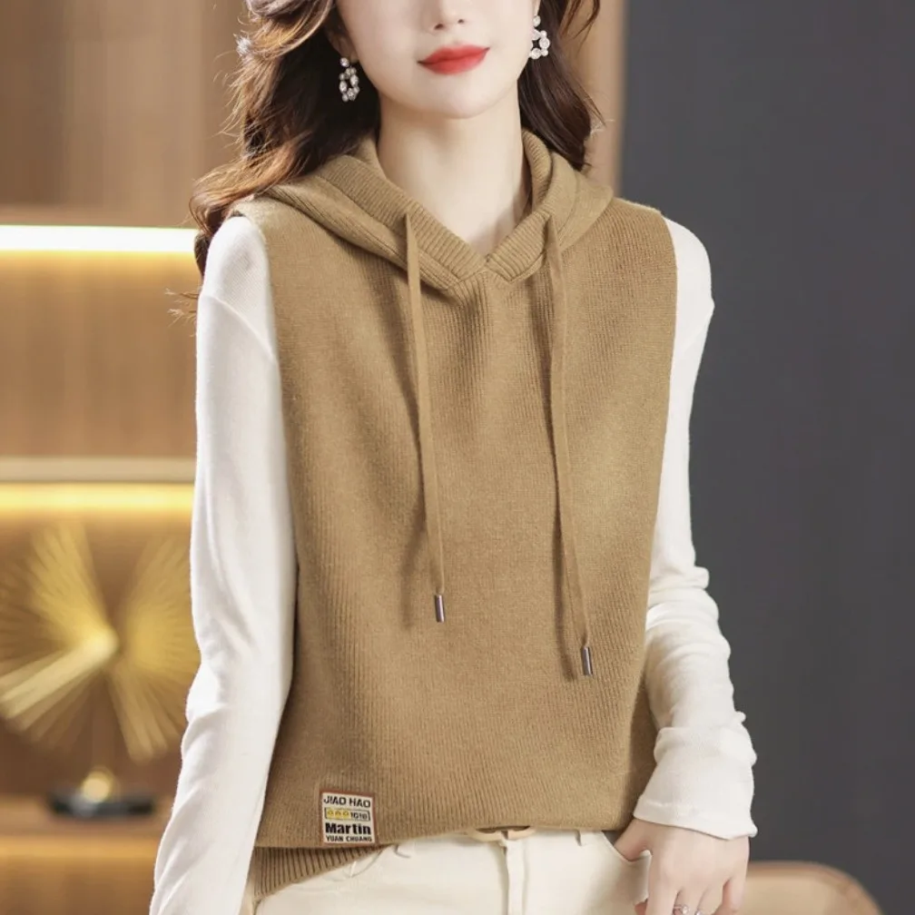 

Свободный вязаный жилет с капюшоном, топ, женская осенне-зимняя верхняя одежда, удобный дышащий шерстяной жилет из смеси полиэстера