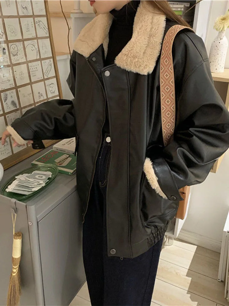 خروف الفراء طوق السائق Jaet المرأة الشتاء Thiened Fce اصطف سستة الرجعية الجلود الفراء Inteated دراجة نارية الأعلى العصرية