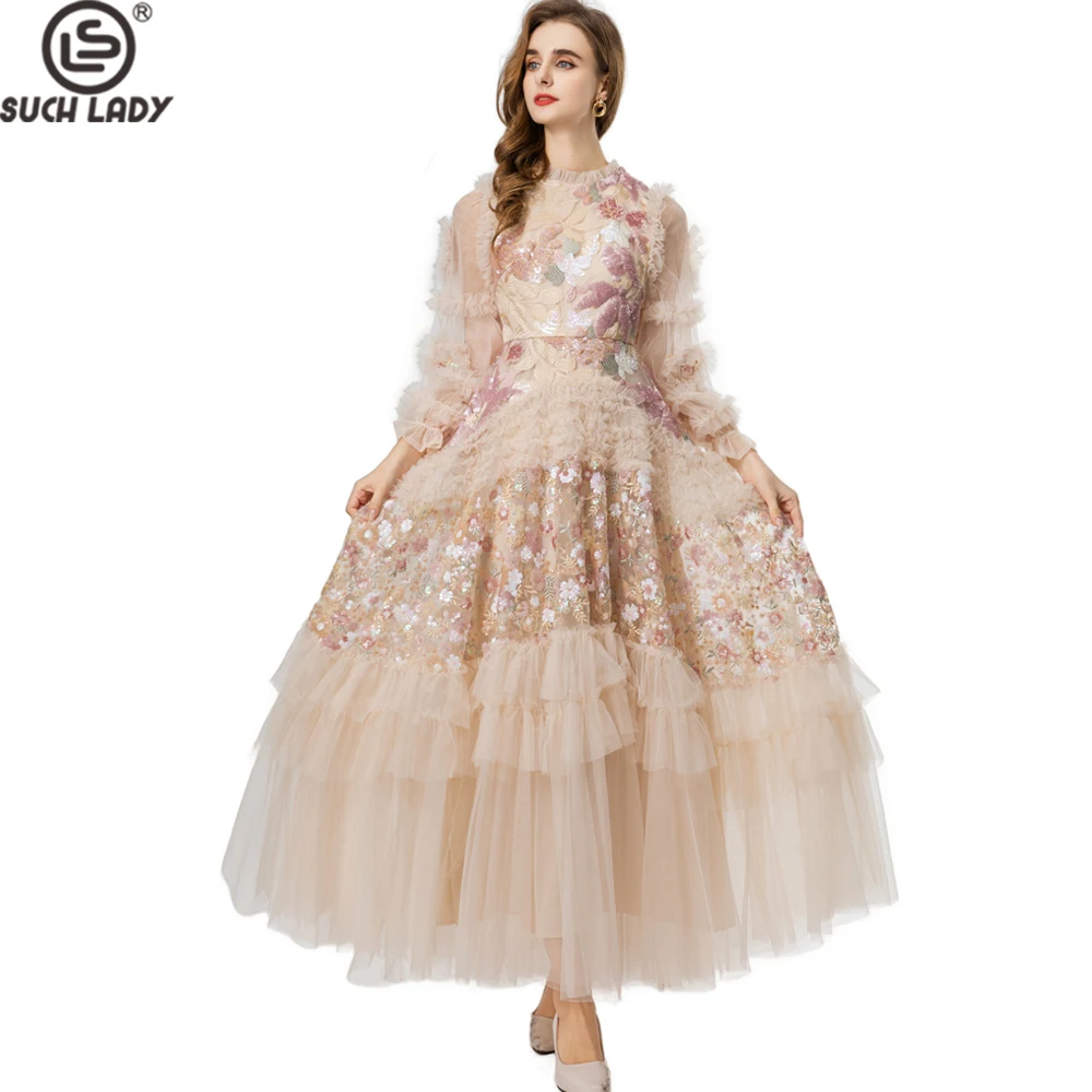 Enchanting Nude 3D Floral Maxi Dress with Long Ruffled Sleeves Multi - Tiered Tulle Skirt & Sequin Accents Prom Gown Vestidos