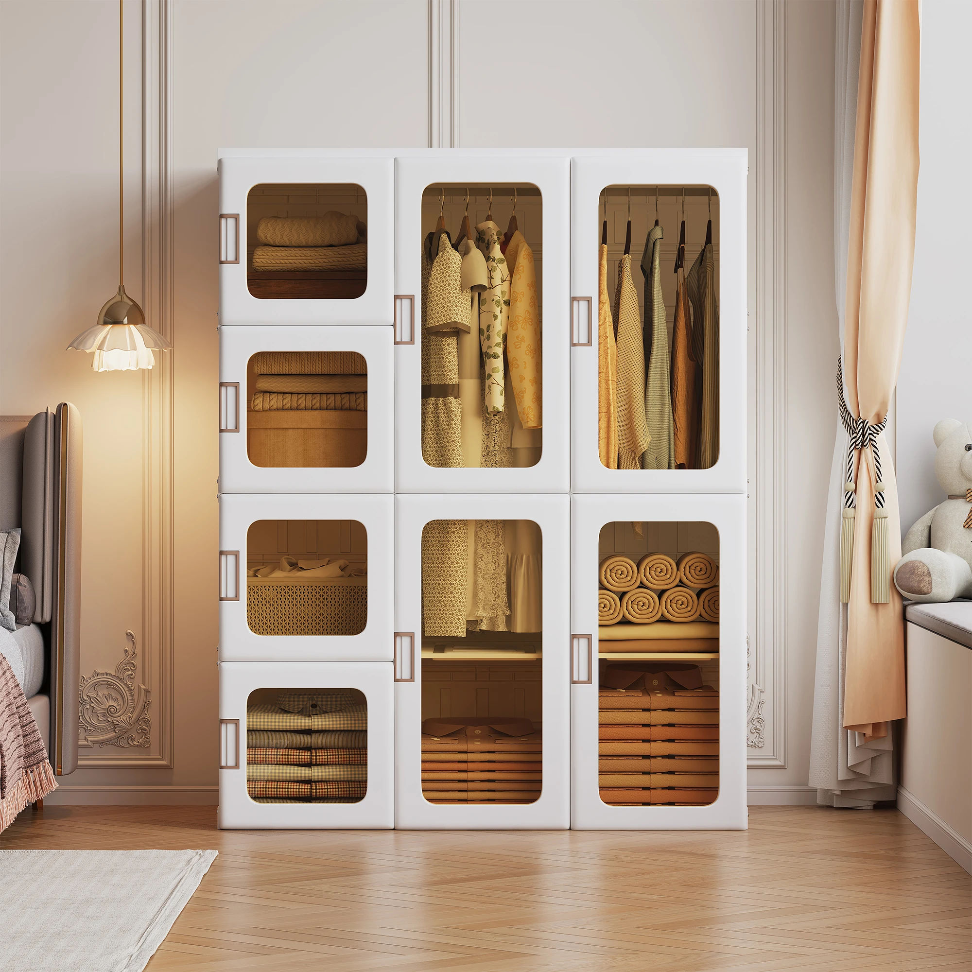 Armadio, facile da montare, dimensioni 104 x 170 x 50 cm, armadio pieghevole multifunzionale con 2 barre appendiabiti e 8–11 scomparti magnetici, armadio contenitore per camera da letto o soggiorno,