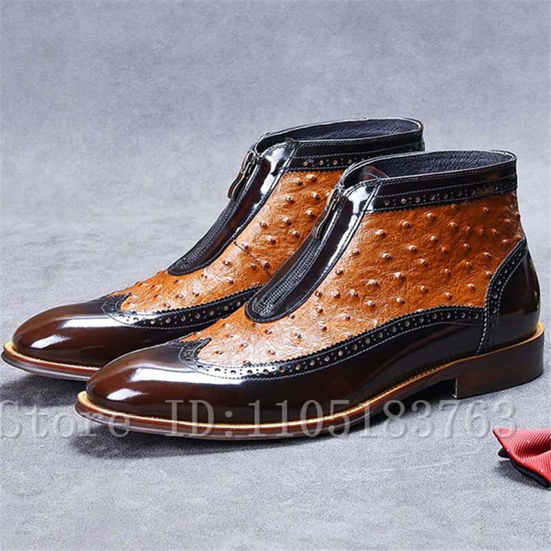 Ostrich Pattern Patent Leather Patchwork Men Ankle Boots Handmade Cowhide Front Zipper Chelsea Boots Male Business Formal Shoes