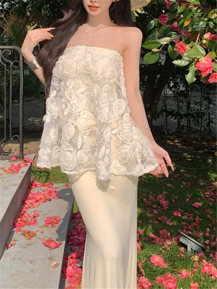

Fairy Summer Stunning Women 2 Pieces Sets Strapless Rose Embroidery Floral Vest Top&Mermaid Long Skirt Suits Holiday Maxi Dress