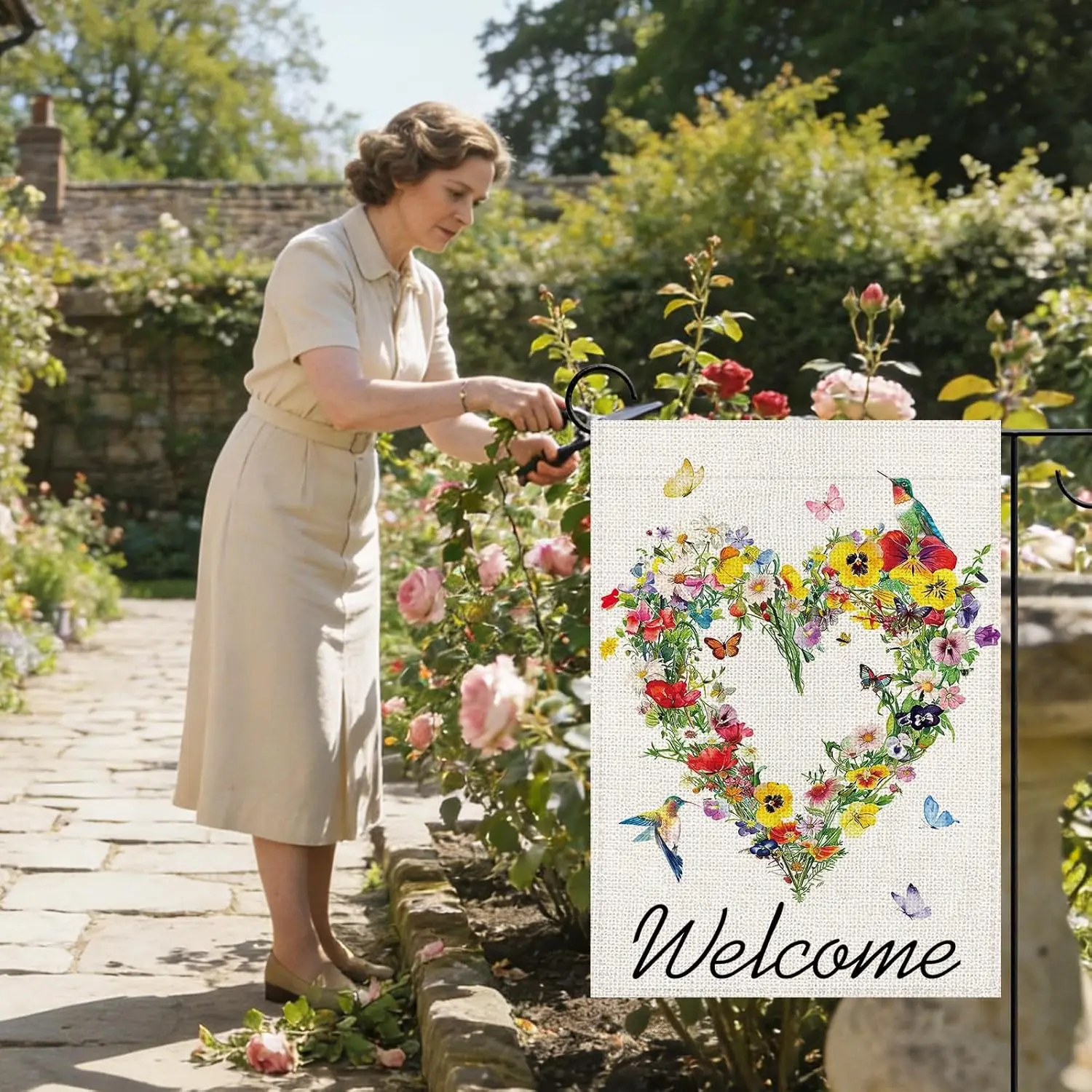 Terkki Welcome Spring Summer Floral Heart Decorative Garden Flag, Colorful Flower Hummingbird Butterfly Small Yard Outside D IIC