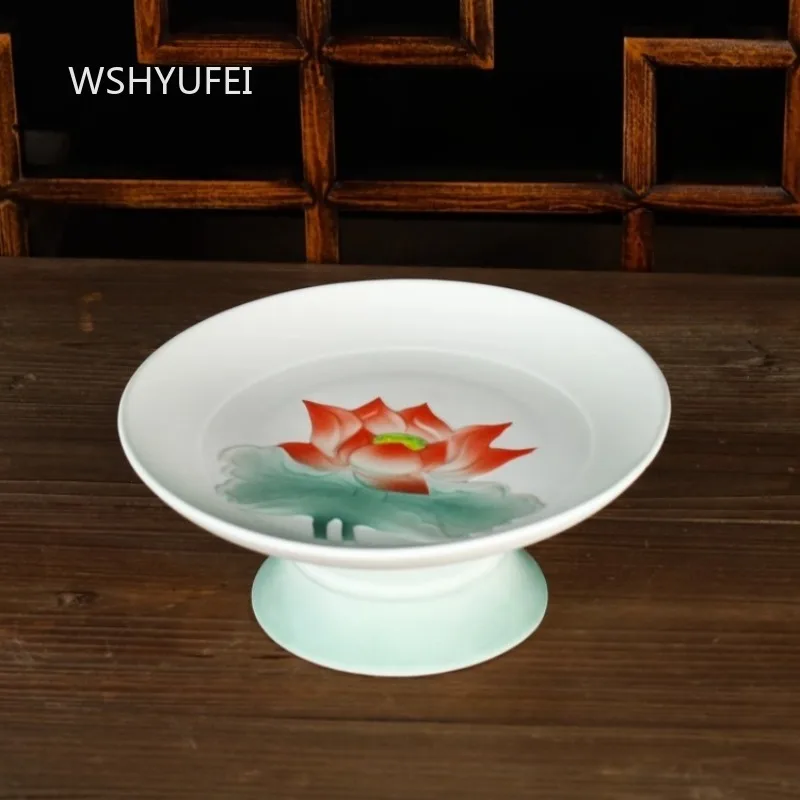 

Lotus Fruit Plate Ceramic Painted Buddhist Temple Offering High Footed Plates 7-inch 8-inch Offering Tray Buddhist Supplies