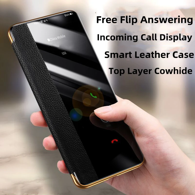 Luxury Litchi Pattern Genuine Leather Smart Case for Huawei P30 P40 P50 Pro Auto Wake Up & Sleep Smart Window View Flip Case