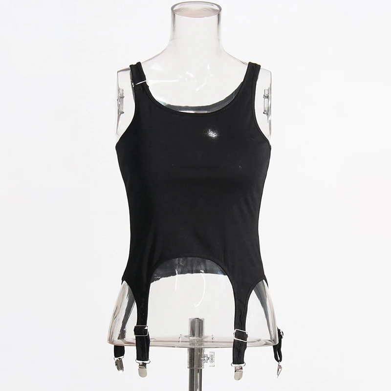 ECR Spliced Metal Buckle Vests For Women Square Collar Sleeveless Solid Skinny Pullover Crop Tops Female Summer Fashion Clothes