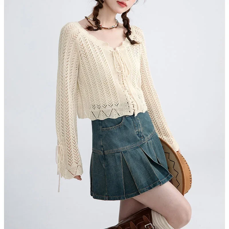 Women Cardigan Hollow Out Solid Lace Up Knit Coats Full Sleeve Casual Spliced Short Sweaters V Neck Elegant Lady Outwear