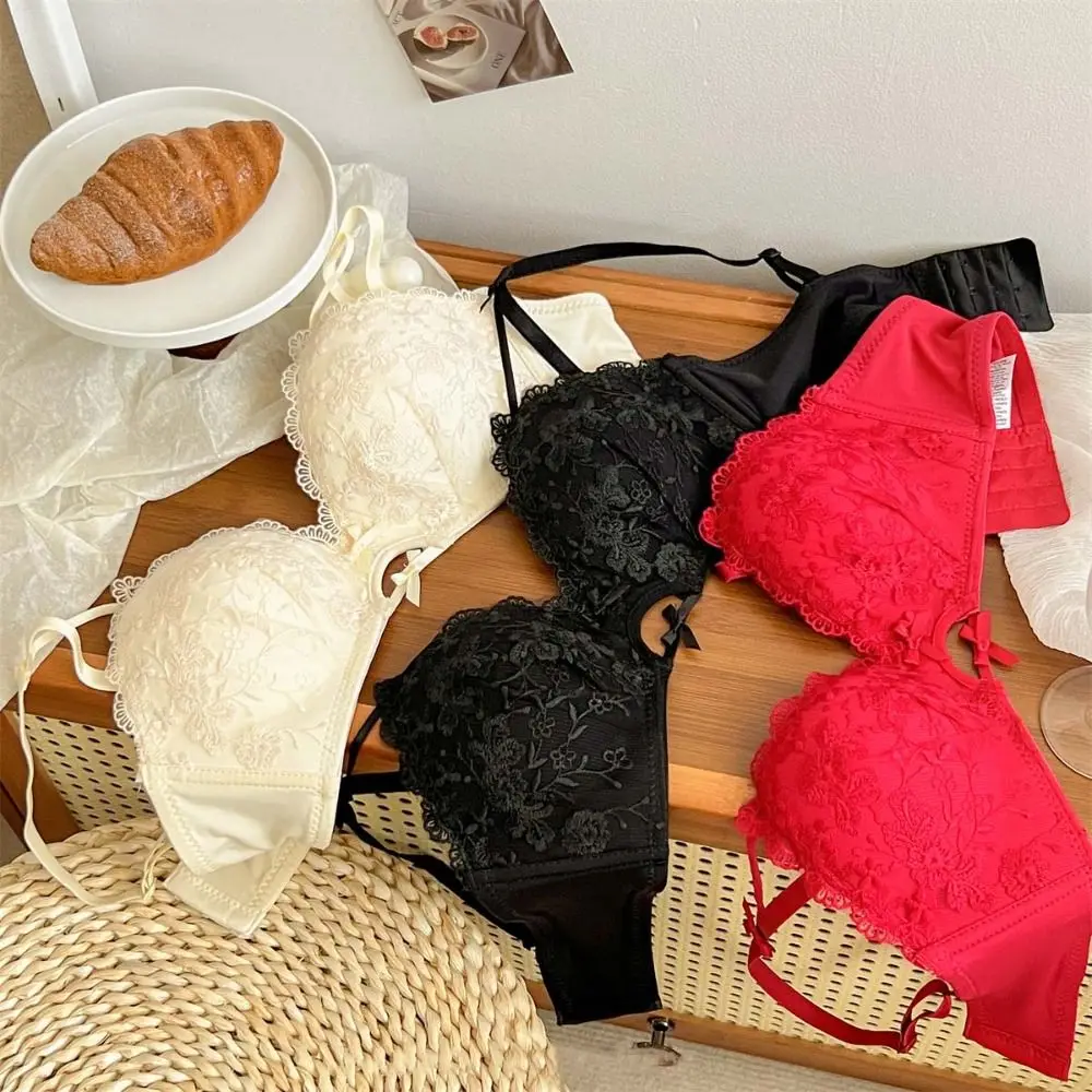Sujetador de flores de encaje transpirable dulce, sujetador fino de realce con lazo, ropa íntima ajustable, sujetador con escote en V profundo para mujer