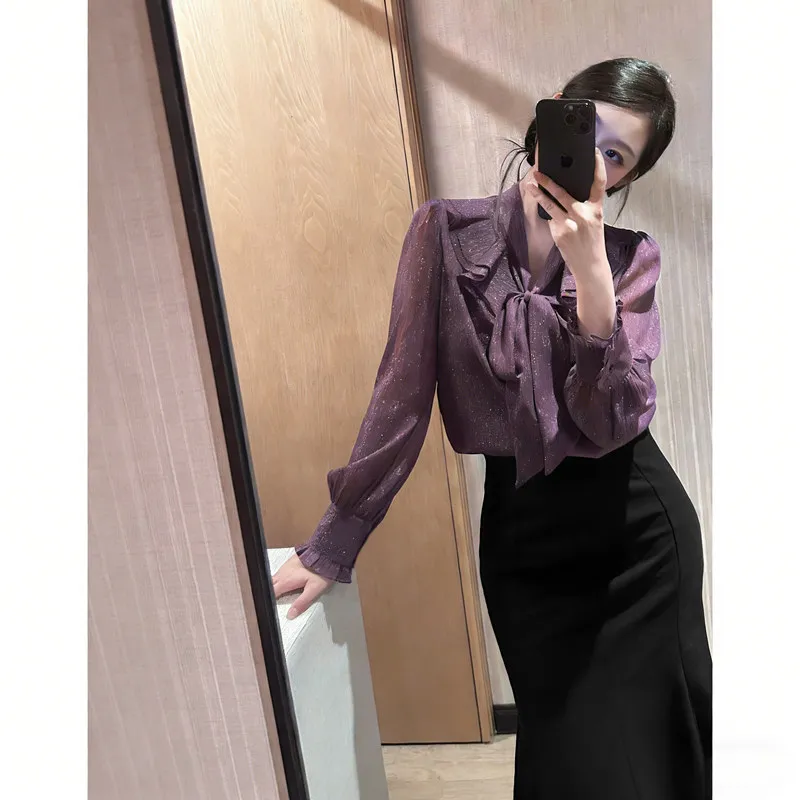 

Spring 2026 New Style Luxury Shirt Skirt Set with Tulle Bows Adult Women's Fashion Minimalist Polyester Fiber Long Sleeve