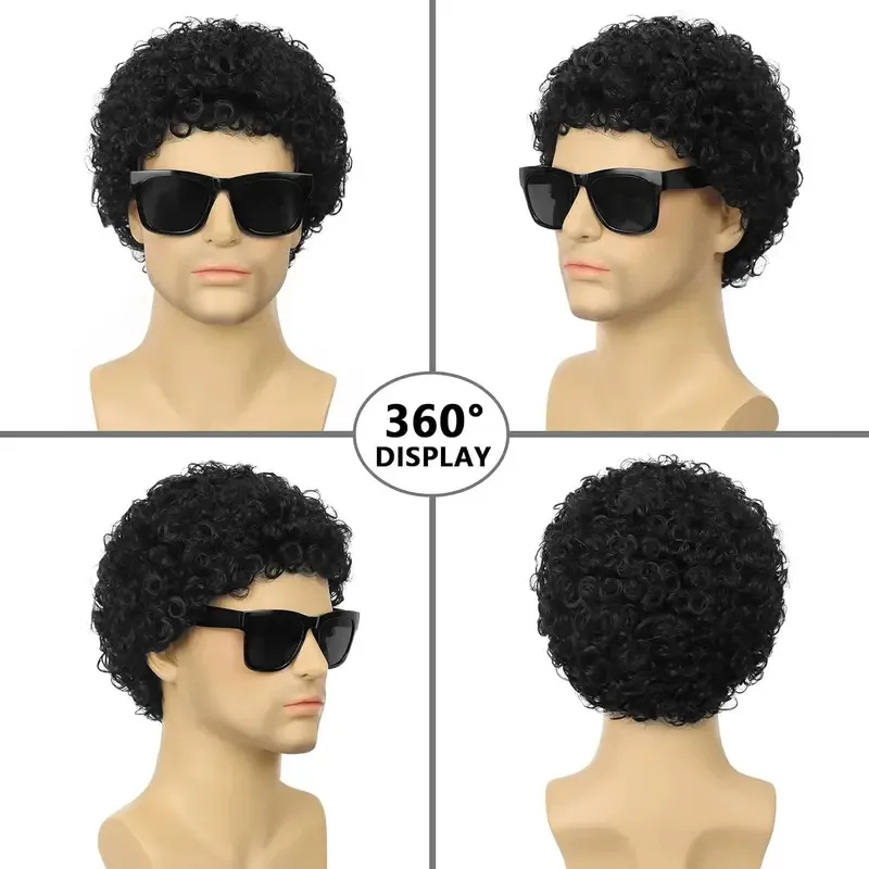 

Wig Synthetic Mens Short Afro Curly Wig With Glass For Male 70S 80S Disco Guy Rocker Halloween Cosplay Fancy Daily Party Costume