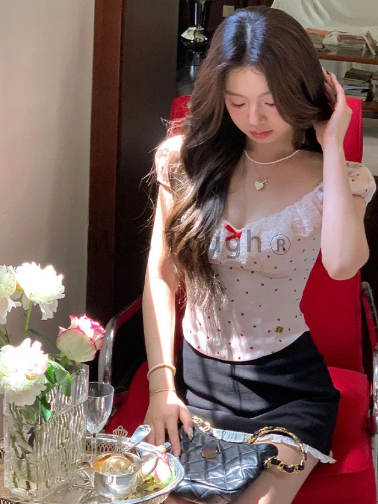 Summer Fashion New Slim V Neck 2 Piece Set Women Design Sweet Polka Dot Bow Short Sleeve Top Female + Solid High Waist Skirt