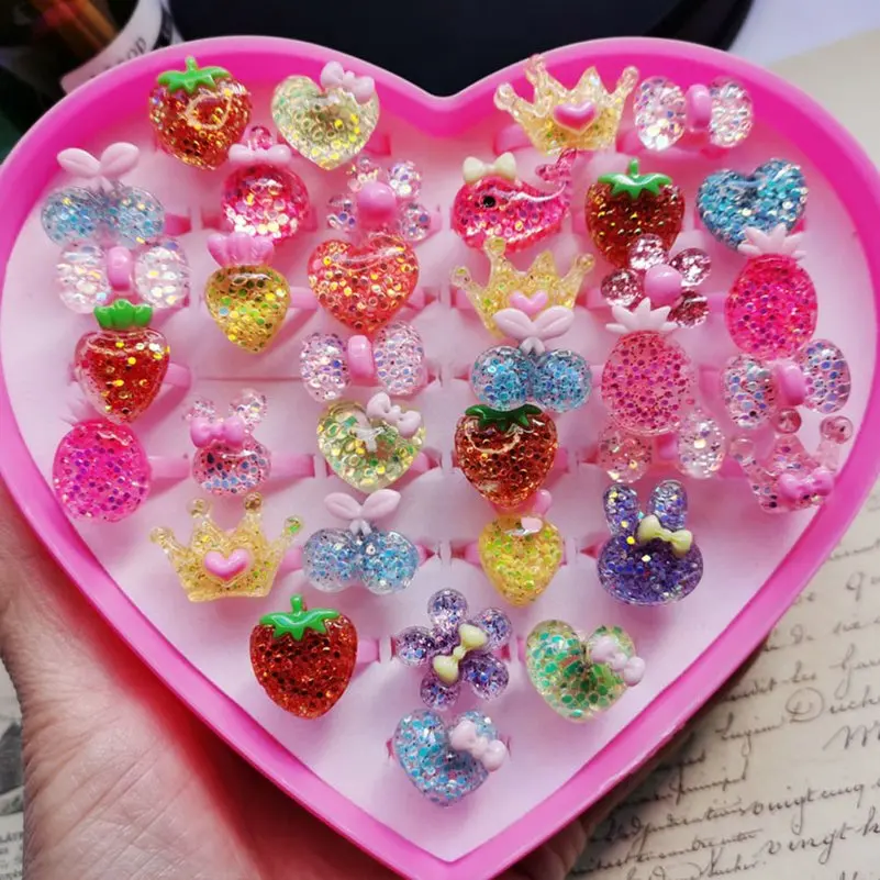 10pcs Cute Children's Cartoon Rings Glitter Flower Fruit Shape Plastic Adjustable Open Rings For Kids Girls Birthday Gift