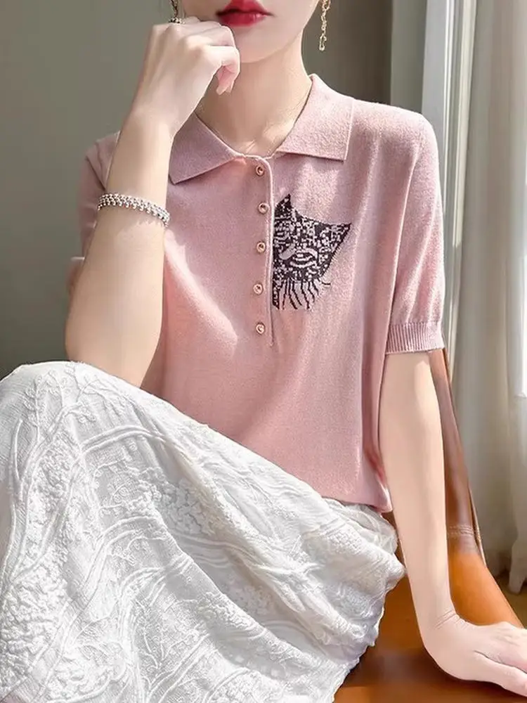 

Корейская футболка Sle Silk Ne ort Sve, женская летняя новая вязаная футболка с мультяшным логотипом, повседневный трикотаж свободного покроя