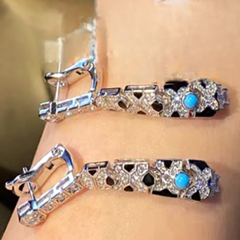 블랙 에나멜 합성 블루 터키석 레오파드 프린트 목걸이 귀걸이 반지 팬더 실버 925 주얼리 세트 여성용 파티용