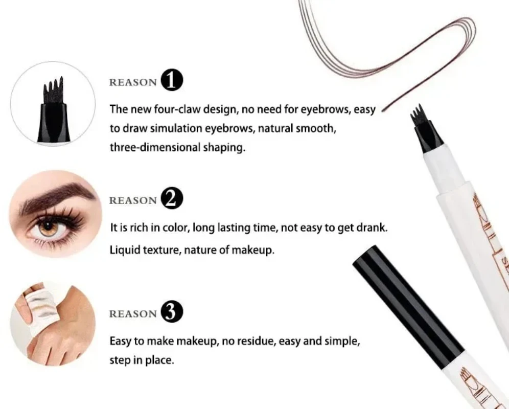 Lápiz de cejas líquido Natural de 4 puntos de alta calidad, maquillaje de 4 tenedores, lápiz de cejas Microblade de larga duración, cosmético marrón oscuro y negro