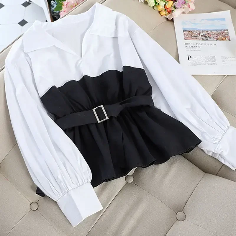 Woherb Korean Fashion Blouse Women Patckwork Fake Two-Piece Shirt Tops 2024 Summer Female Elegant Ruffle Blusas Belt Shirts