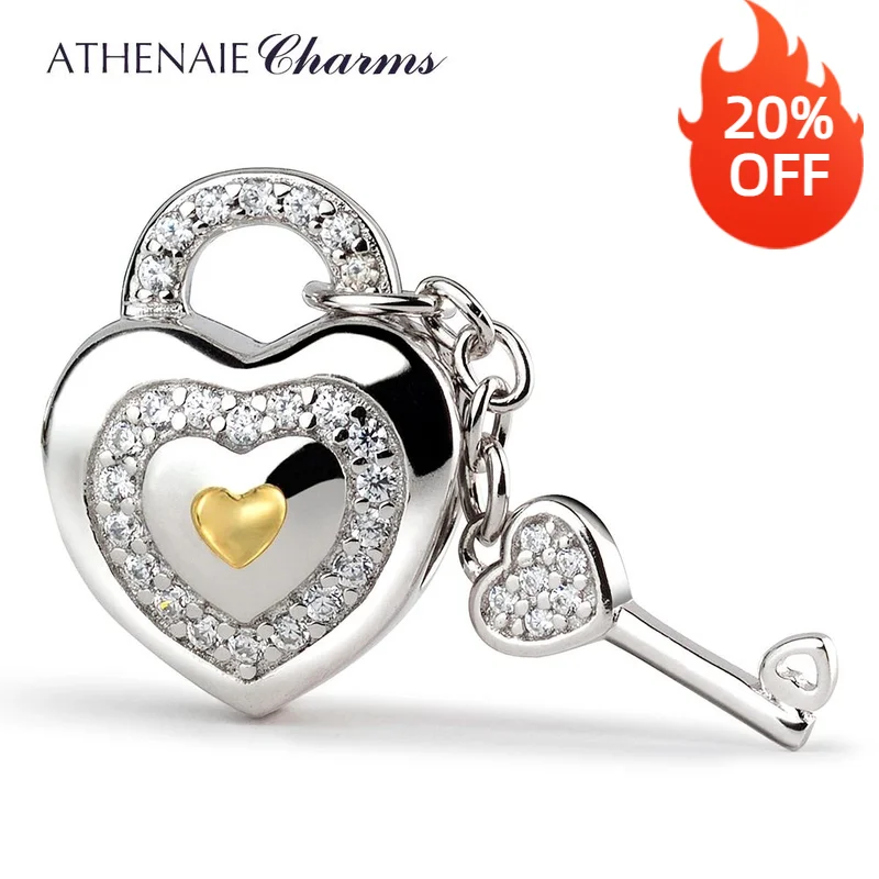

ATHENAIE 925 Silver with Pave Clear CZ Lock of Love Charm Beads Fit All European Bracelets Gift For Christmas , Valentine's Da