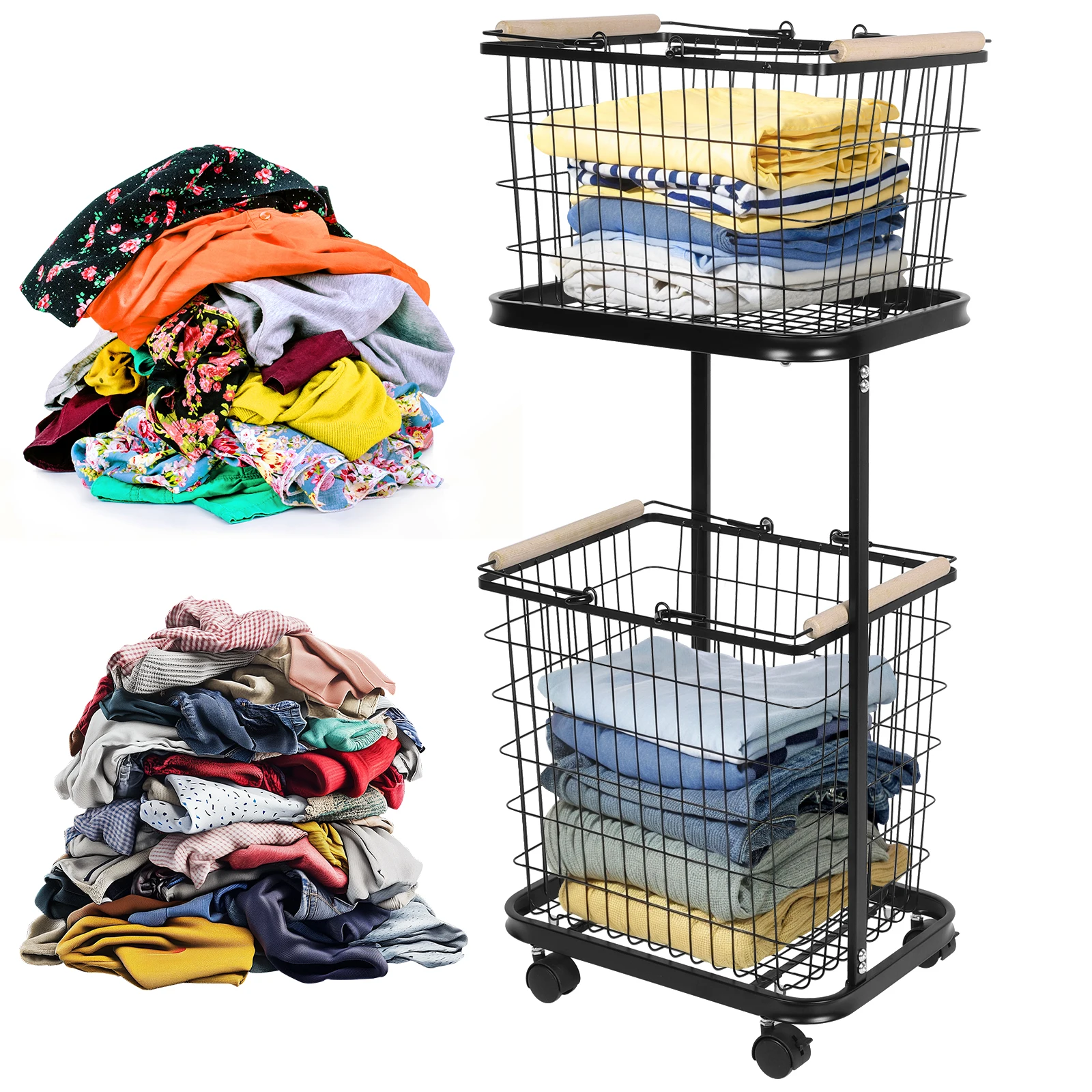 

2 Tier Laundry Cart with Wheels Wire Laundry Hamper Cart Laundry Hamper Trolley for Laundry Room Bathroom Bedroom