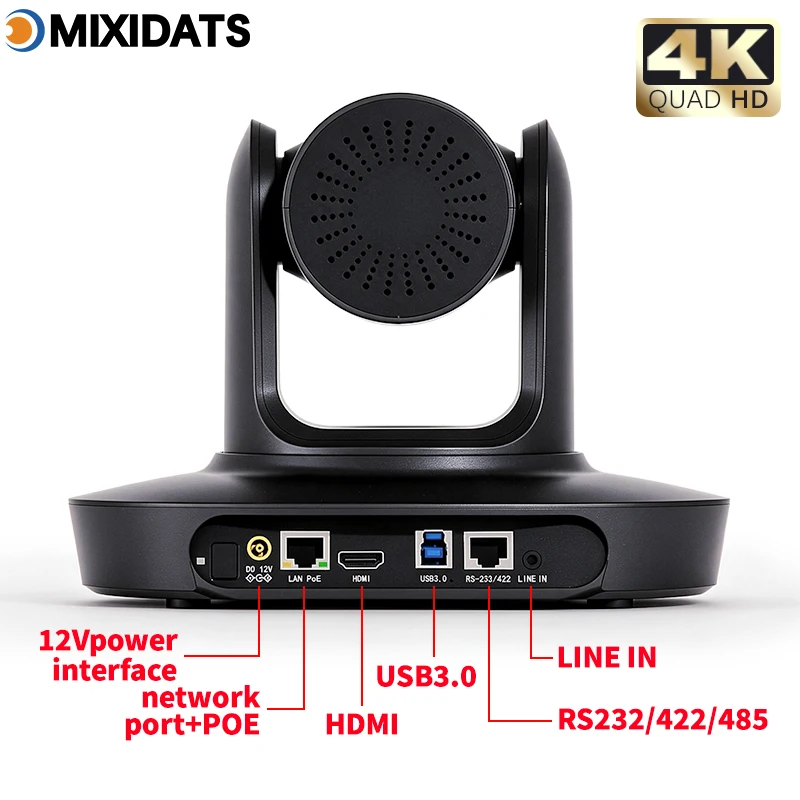 Kamera PTZ 4K z 20-krotnym zoomem, obsługująca standard NDI, przeznaczona do wideokonferencji, wyposażona w funkcję śledzenia obiektów za pomocą sztucznej inteligencji, posiada porty USB, HDMI i LAN oraz obsługuje zasilanie przez Ethernet ( — zdjęcie produktu 5