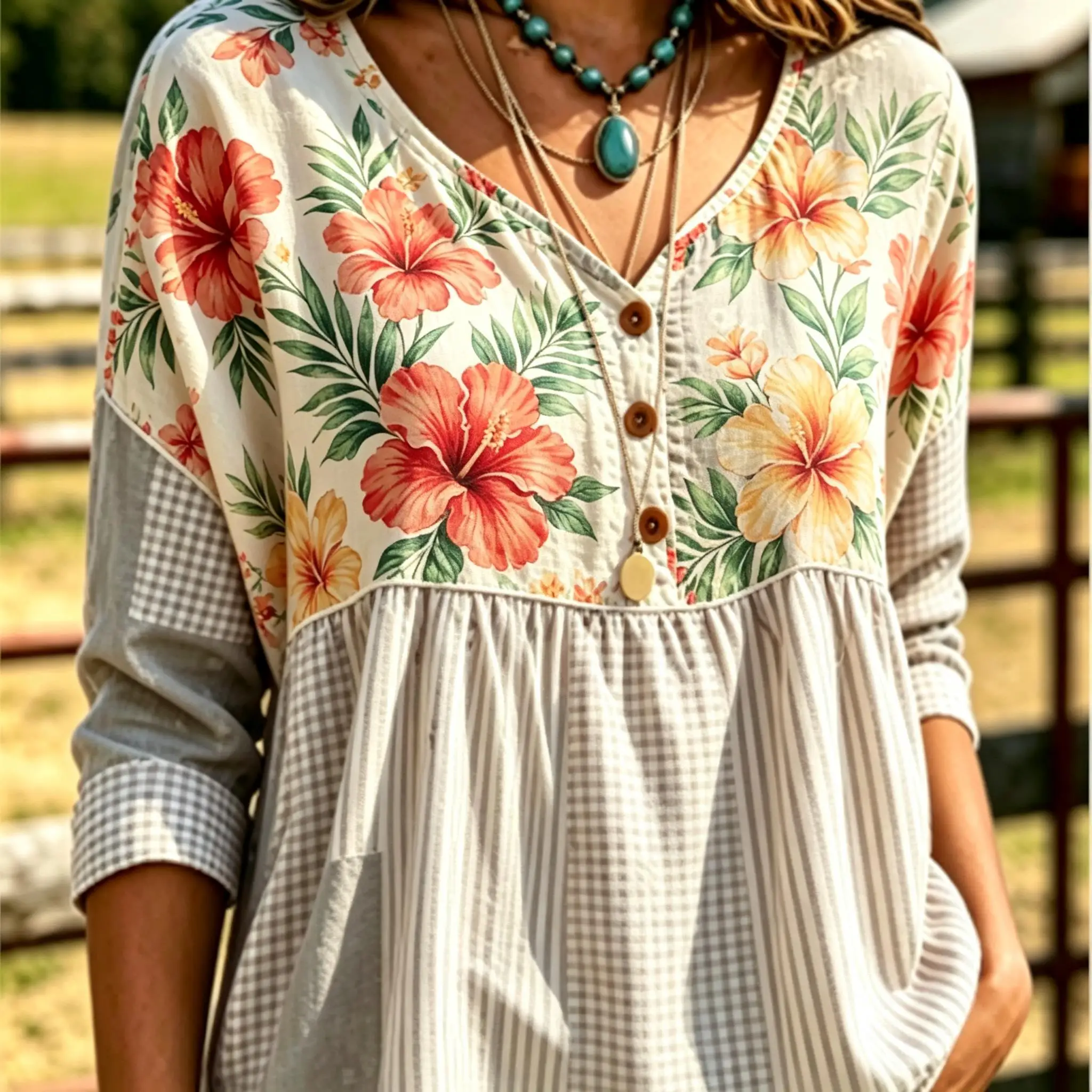 Women Flower  Print V Neck Half Button 3/4 Sleeve Peplum Blouse Loose Babydoll Casual Daily Top