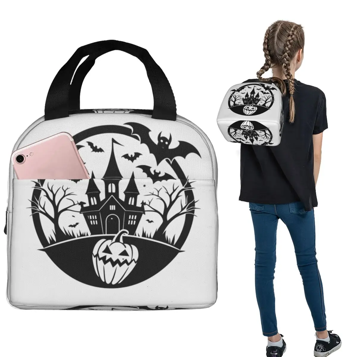 

В полоску и летучие мыши, готическая оккультная ведьма, изолированная сумка для обеда на Хэллоуин для женщин и детей, портативные коробки для еды, термосумка для обеда