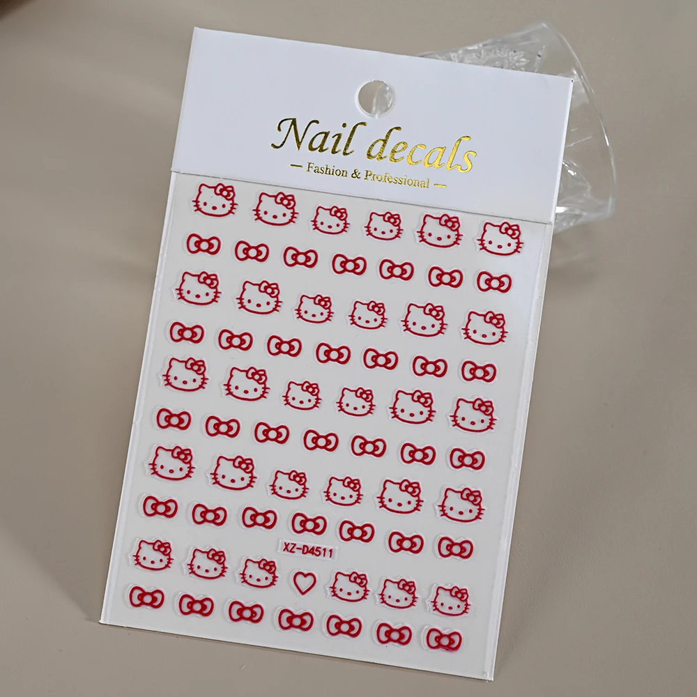 6 Stück 3D Hello Kitty Nail Art Aufkleber Rot/Rosa/Gold/Silber Schleife Kitty Katzenkopf selbstklebende Abziehbilder DIY Slider Maniküre Dekoration
