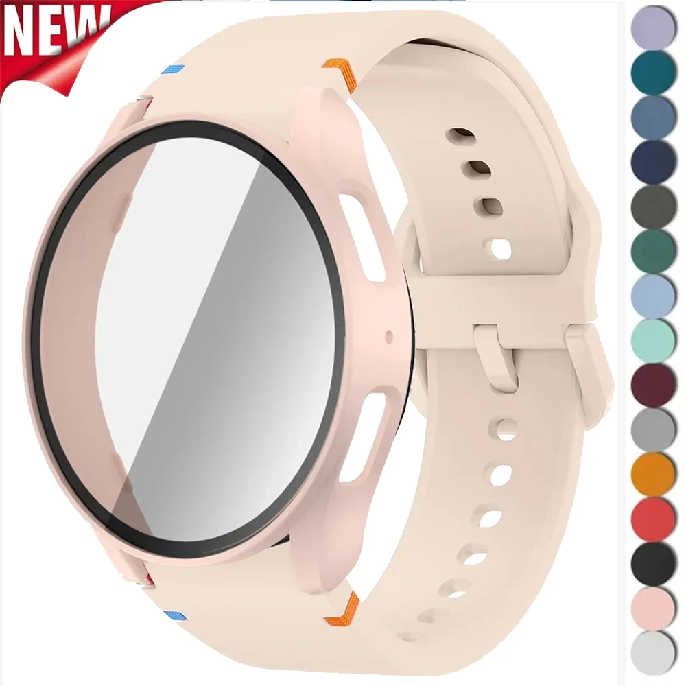 Band + Hülle für Samsung Galaxy Watch 7 6 40 mm 44 mm, Silikonarmband, PC-Schutz, Stoßstange, gehärtetes Glas, Bildschirmfolie