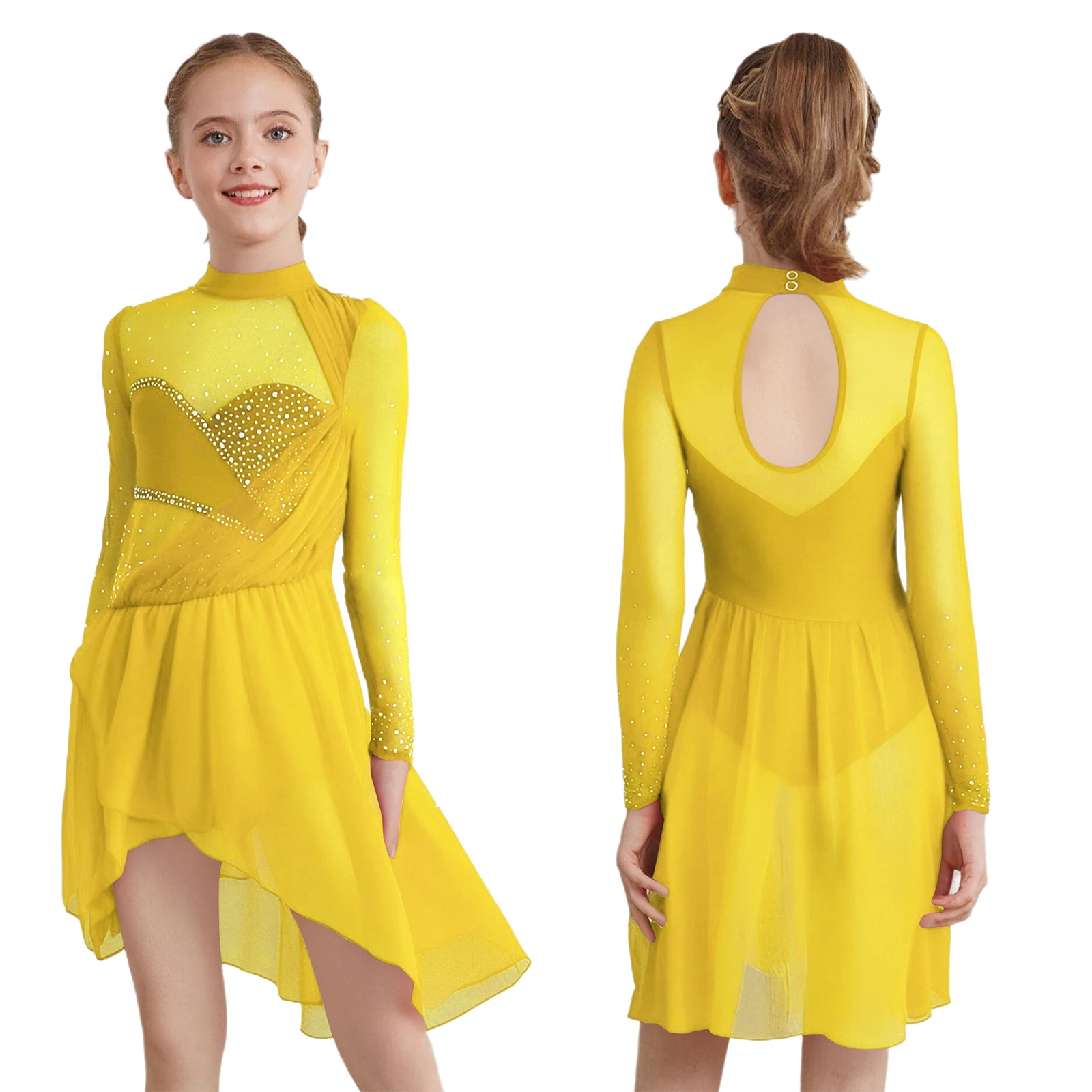 

Kids Girls Lyrical Dance Figure Skating Costume Ballet Rhythmic Gymnastics Dancewear Shiny Rhinestones Sheer Mesh Dress Leotards