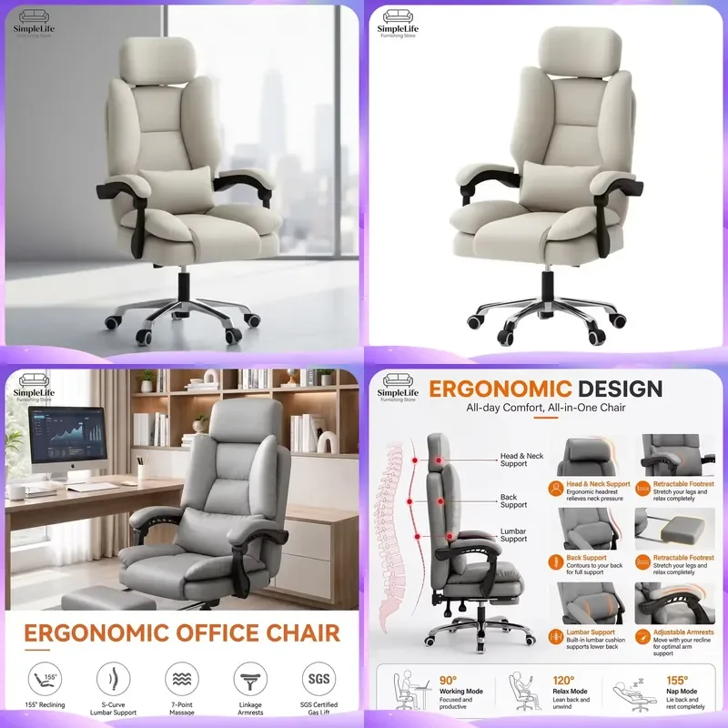 Cadeira de Escritório Ergonômica Moderna em Couro PU com Encosto de Espuma, Cadeira de Jogos Dobrável para Longas Sessões