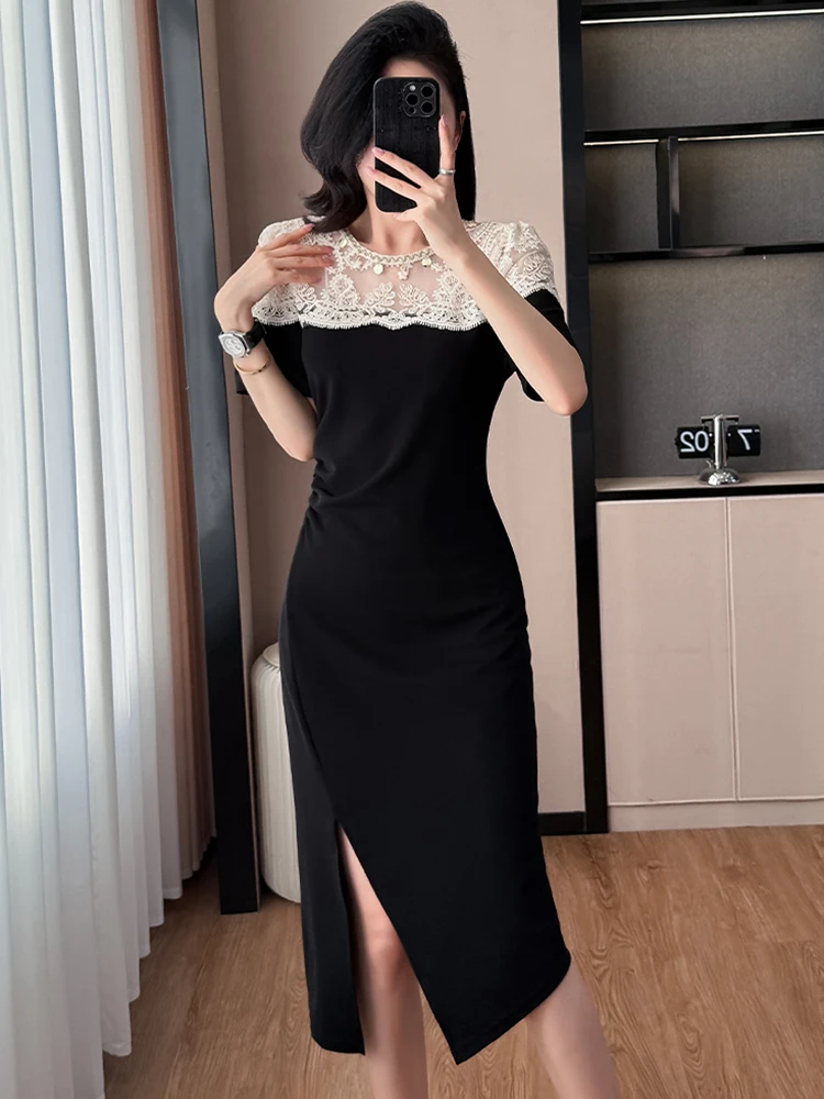 

2025 Black Patchwork White Lace Jacuqard Hollow Out Sexy Dress Women Vintage Luxury Evening Dress Summer Elegant Bodycon Dresses