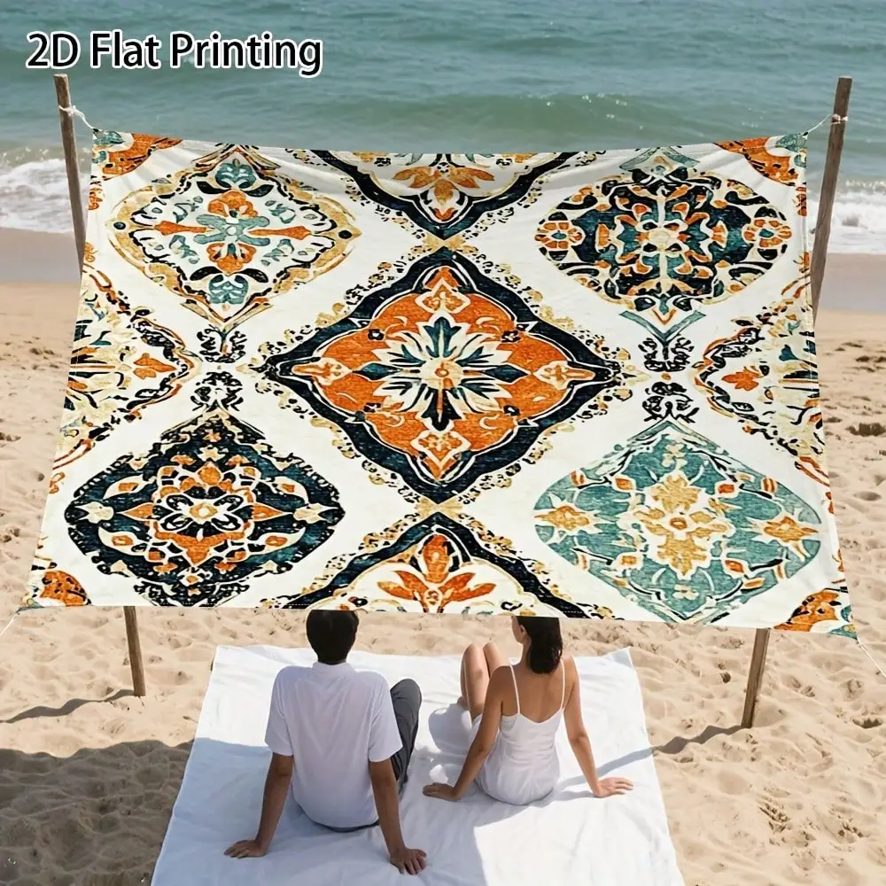 

1pc Multicolor Bohemian Floral Sun Shade Canopy, Beige Green Blue Orange White Black Teal Shades, Portable Outdoor Shade With Fixing Ropes, All-Season Use For Beach, Camping, Gardens, Quick Setup For Poolside & Backyards, 2D Flat